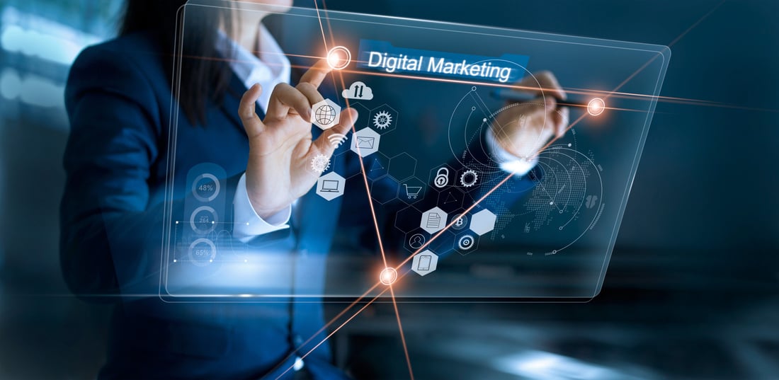 Digital marketing. Businesswoman using and drawing global structure networking on modern interface payments online shopping. Icon customer network connection on virtual screen. Plan and strategy. Business innovation technology concept